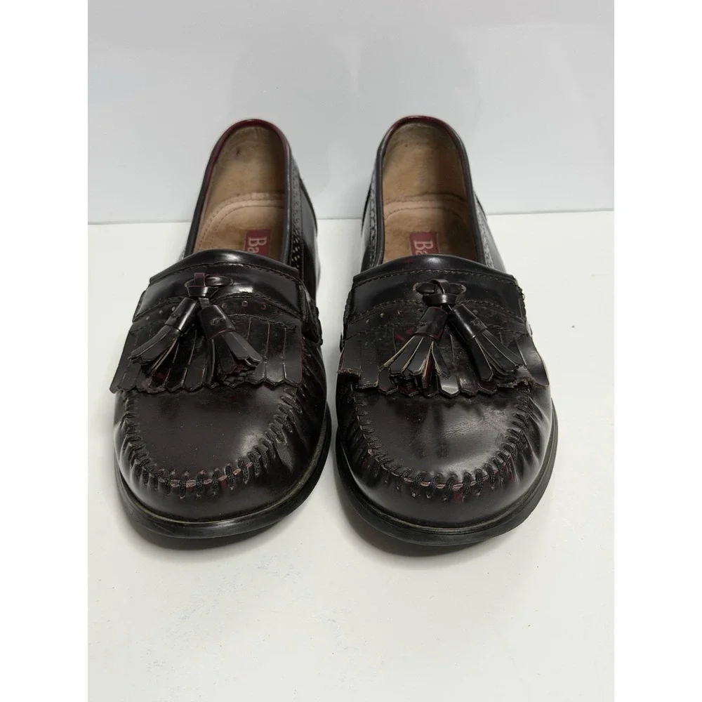 BASS Men's Loafers US Size 9W Black 100% Leather Tassel Slip-On Burgundy C-4